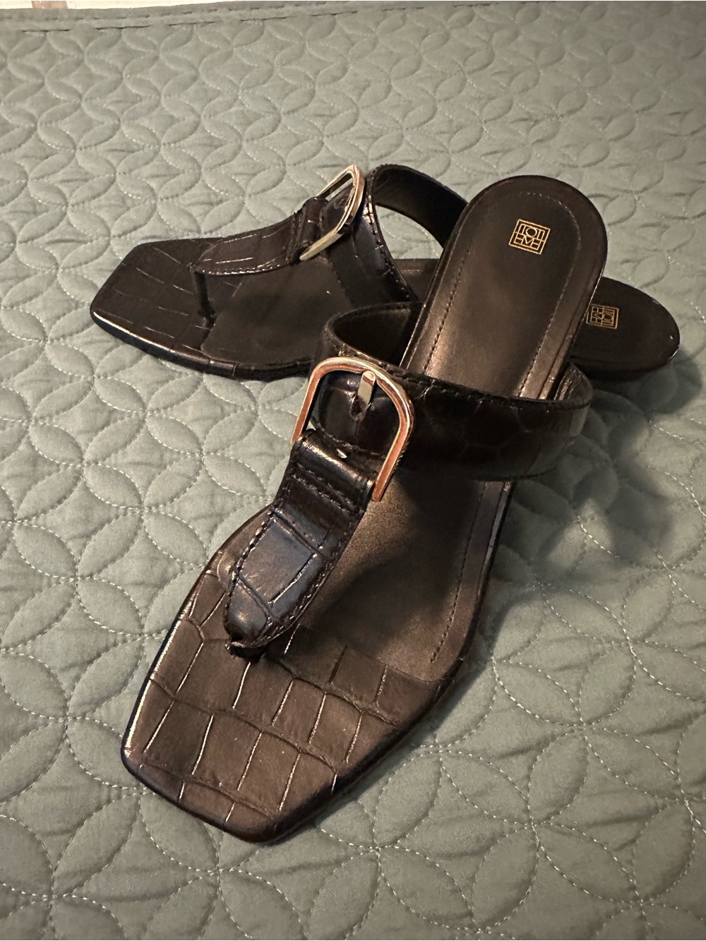 Toteme Black Croc-Embossed T-strap Sandals with Gold Buckle Accent